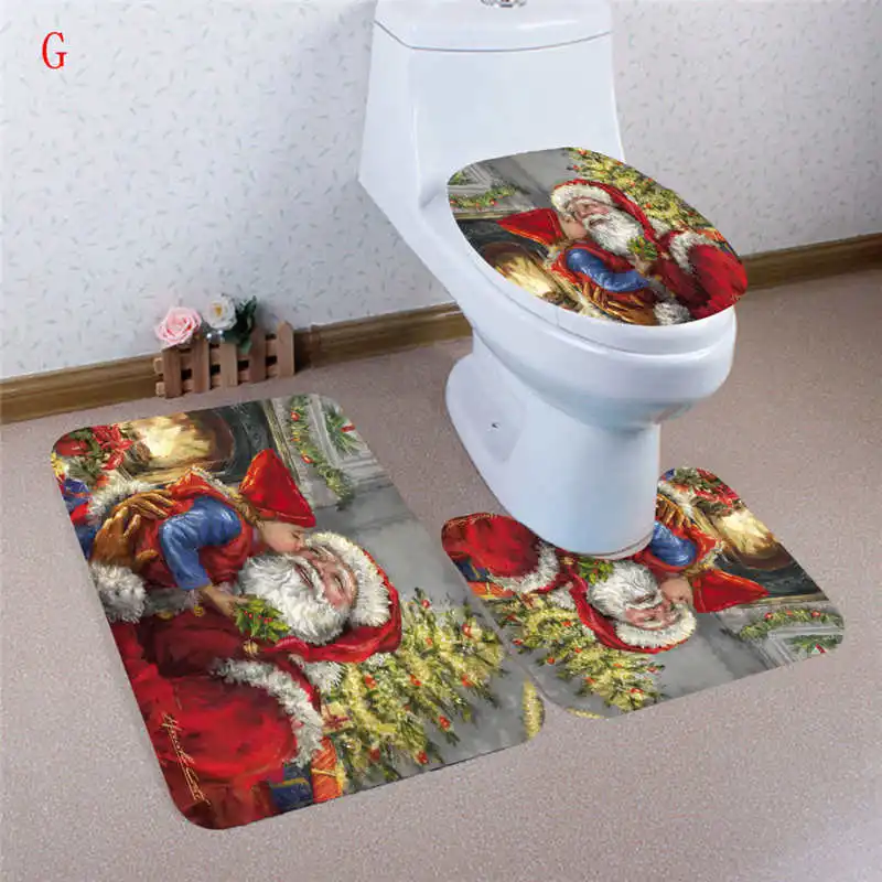 3PCS Christmas Bathroom Non-Slip Pedestal Rug + Lid Toilet Cover + Bath Mat Set Flannel Bottom Add a festive life #2n15 (29)