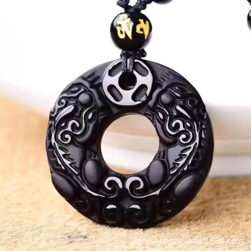

Drop Shipping High Quality Natural Black Obsidian Carving Pixiu Amulet Lucky Round doughnut Pendant Necklace Fine Jade Jewelry