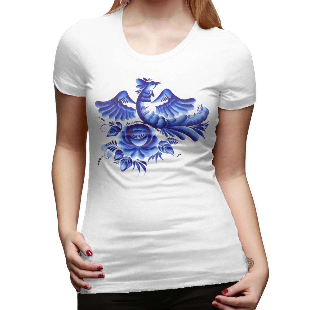 Gzhel футболка синяя птица Футболка с круглым вырезом уличный стиль Женская футболка хлопок смешной красный Графический короткий рукав большая женская футболка - Цвет: Белый