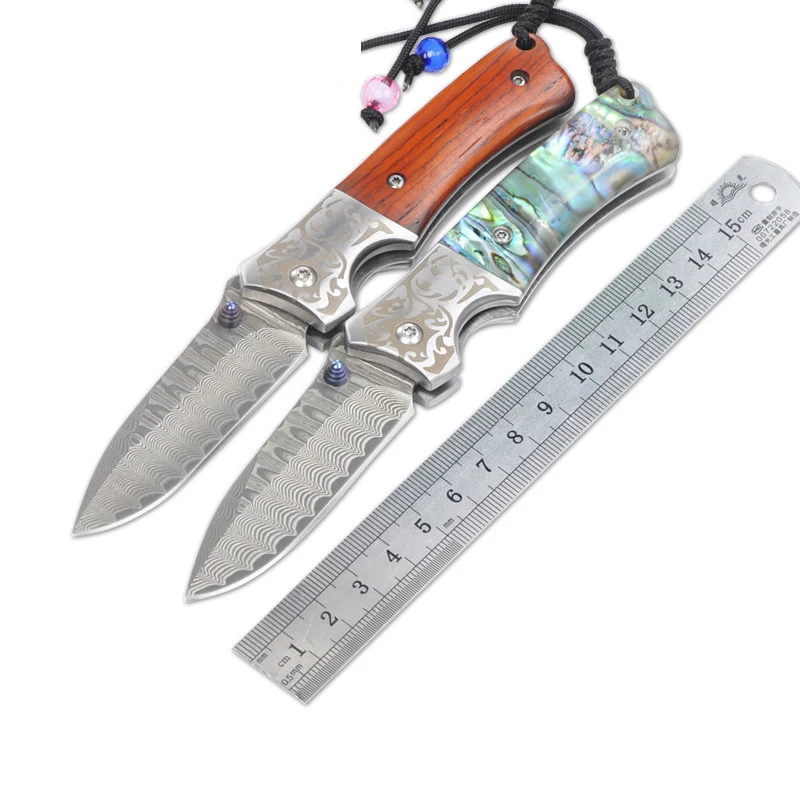

Collection Damascus Blade sandalwood / abalone Handle Folding Knife Camping Survival Hunting Utility EDC Keychain Pocket Tool