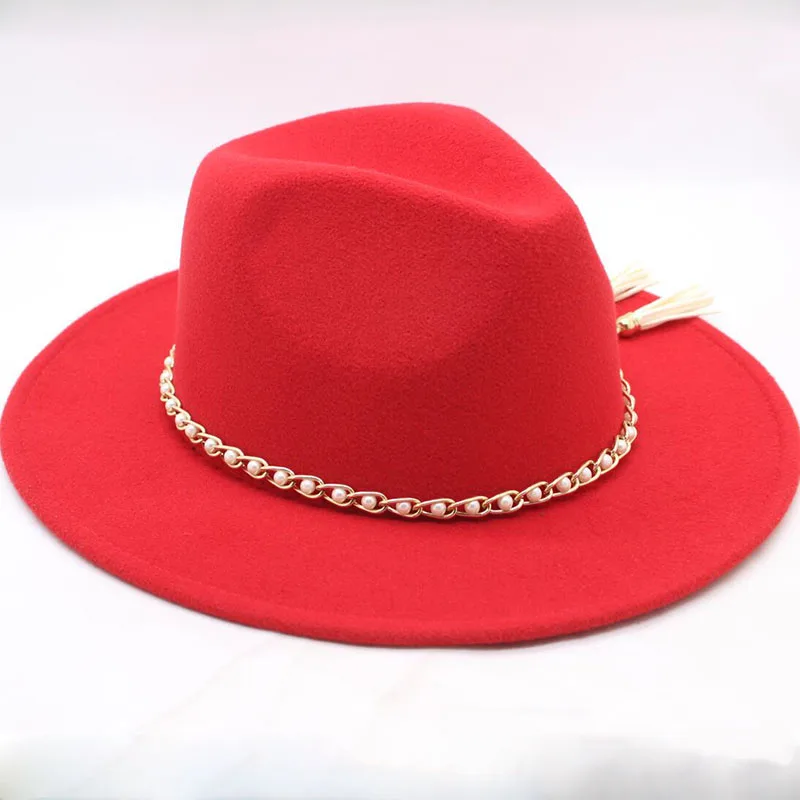 SUOGRY модные Для мужчин Для женщин Винтаж шерсть фетровая Панама джазовая, шляпа фетровой жемчуг ремешок шириной элегантные черные шапки - Цвет: red