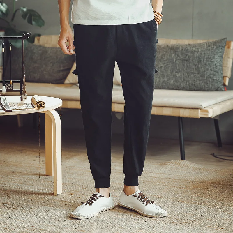 Original retro Chinese style windproof buckle pants pants men's XL loose casual stretch breathable feet pants linen casual pants
