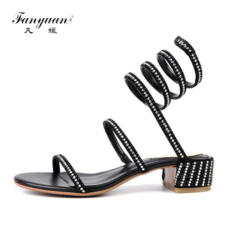 

Fanyuan Leather Suede Sandals Women Fashion Snake Strappie Sandals Summer Glitter Gladiator Shoes Sexy Ladies Sandal Heels Black