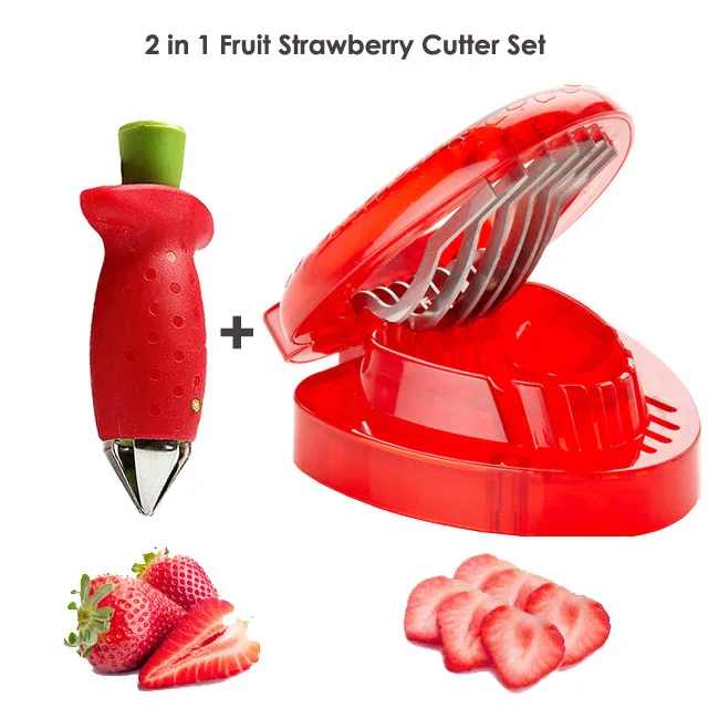 Hot Sales 2 In 1 Strawberry Slicer Huller Fruit Cutter Knife Good DIY