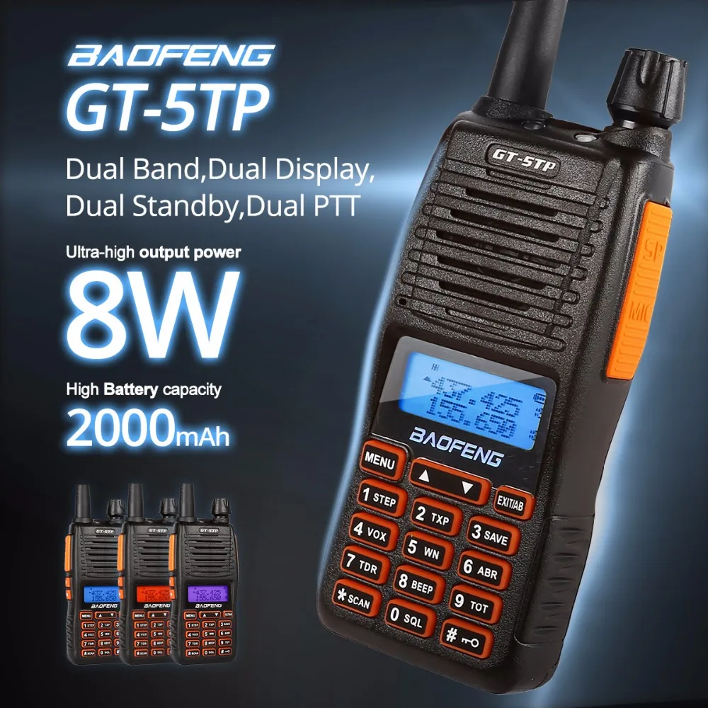 Baofeng GT-5TP Tri-Мощность 1/4/8 W Двухдиапазонный VHF/UHF 136-174/400-520 МГц двусторонней радиосвязи Walkie Talkie GT-5 Win10 Кабель для программирования