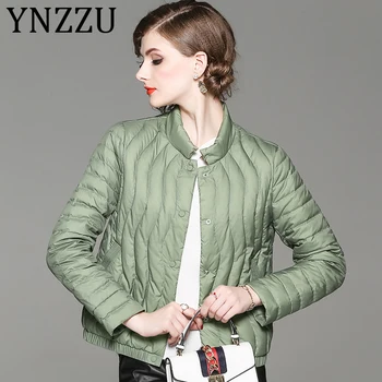 

YNZZU 2019 New Autumn Winter Women's Down Jacket Elegant Stand Collar Short White Duck Down Coat Office Lady Thin Outwears A1046