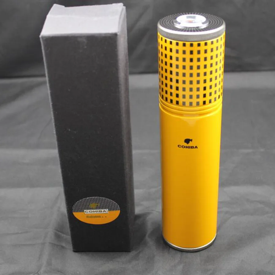 

COHIBA Yellow Cylindrical Travel Cigar Hydrating Tube Humidor & Hygrometer Portable Jar Gadget Aluminium Alloy Cigar Tube Tool