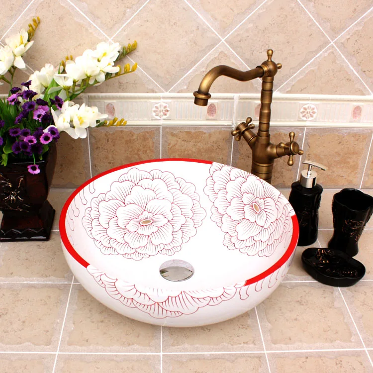 Europe Vintage Style flower shaped ceramics vanity basin Art Countertop sinks vanity wash basin (6)