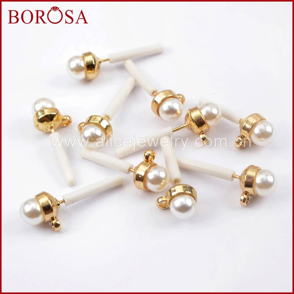 

BOROSA Jewelry 40/50Pairs Gold Color Bezel 6mm Round White Pearl Stud Earrings With Loop Jewelry Women Party Earring PJ141