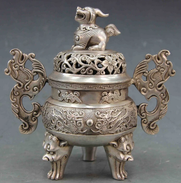 

6652<<7.5 Chinese White Copper Silver Two Dragon Ear Foo Dog Lion Censer incense burne statue