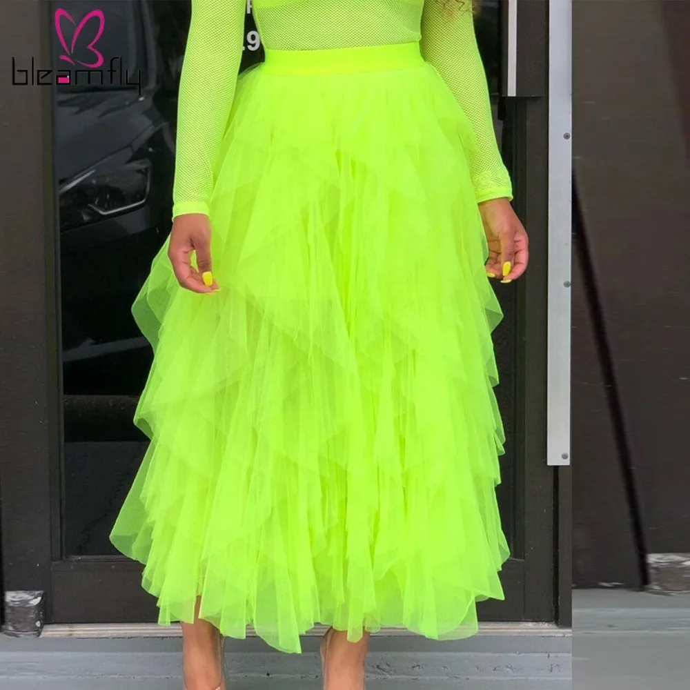 

Neon Green Mesh Cascading Ruffles Skirt Women Sexy High Waist Midi Skirts Summer Streetwear Casual Ball Gown Beach Jupe Femme