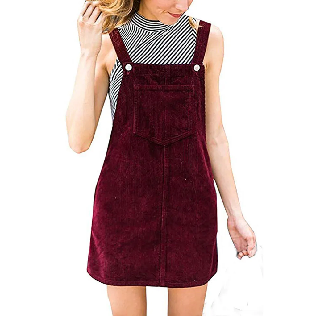 

Women Corduroy Straight Suspender Mini Bib Overall Pinafore Casual Pocket Dress Women Vestido Vestidos De Fiesta