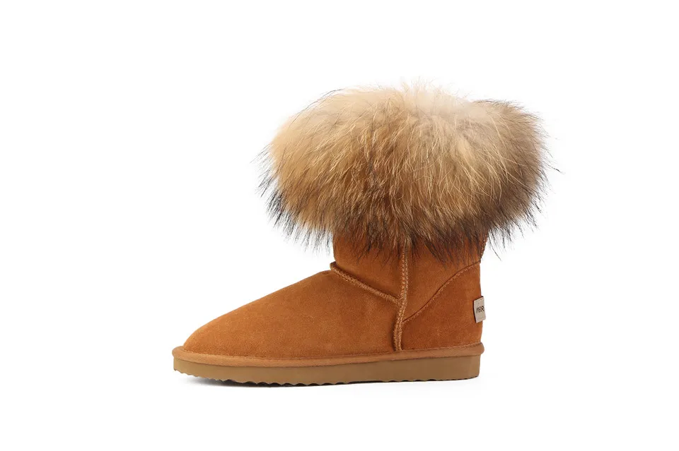 MBR FORCE Fashion Women's Natural Real fox Fur Snow Boots Genuine Cow Leather women Boots Female Warm Winter Boots Shoes