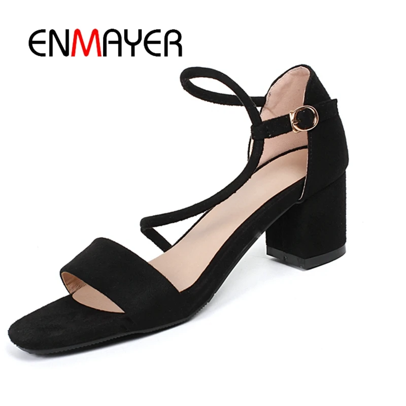 

ENMAYER Women Sandals Middle heels Shoes women Summer Causal Shoes Flock Open toe Metal Buckle strap Thick heels Size34-43 CR327