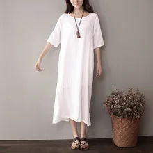 Qaturalan 2017 verão shirt dress casual vestidos soltos retro sólido branco de linho de algodão mulheres vestidos mulheres roupas robe ete