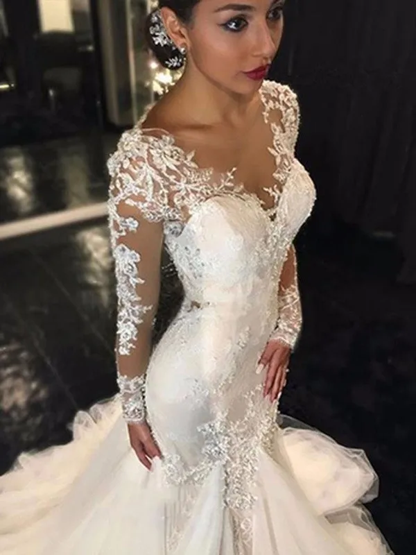 

New Elegant Illusion Neckline Mermaid Wedding Dresses Appliques Lace Long Sleeve Bridal Dresses Court Train