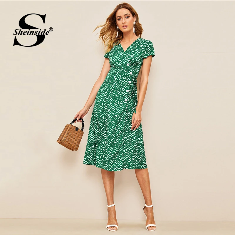 

Sheinside Green Floral Print V Neck Wrap Dress Women 2019 Summer Cap Sleeve Bodycon Dresses Ladies Button Detail Midi Dress