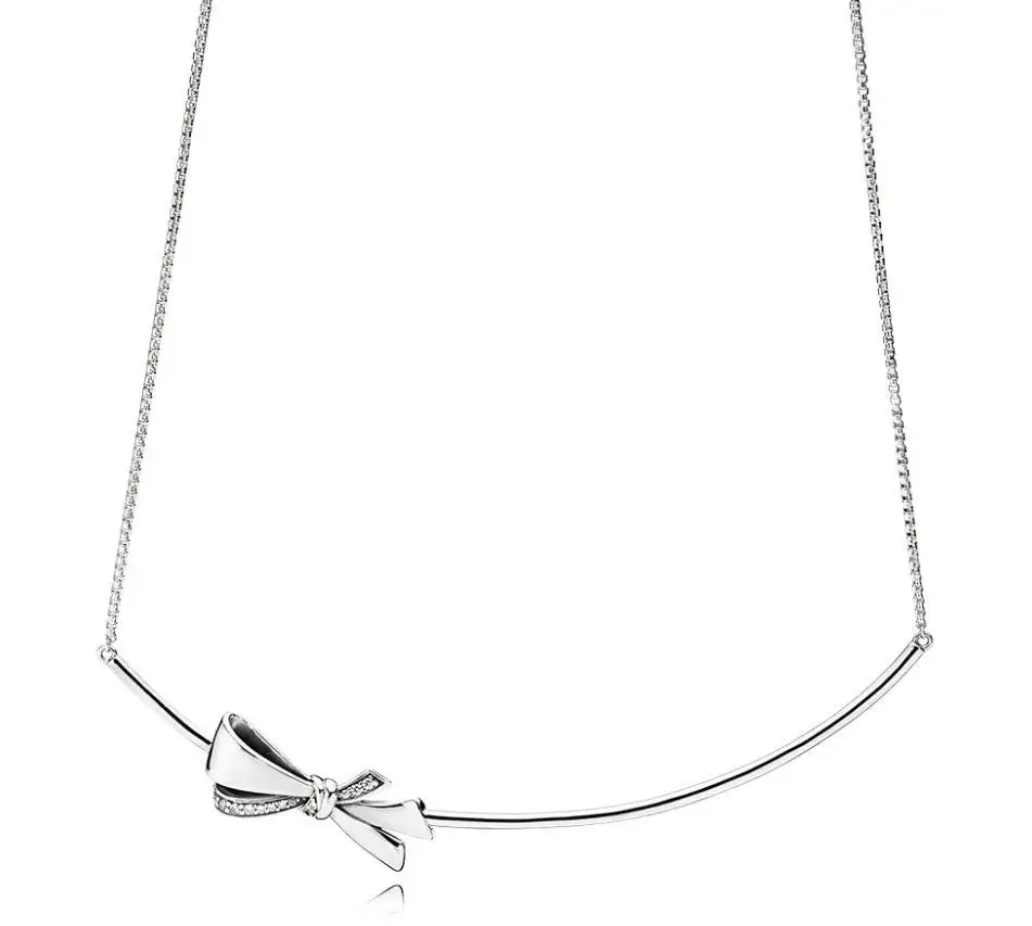 

Authentic 925 Sterling Silver Brilliant Bow Pandora Necklace Clear CZ For Women Wedding Party Gift Fine Europe Jewelry