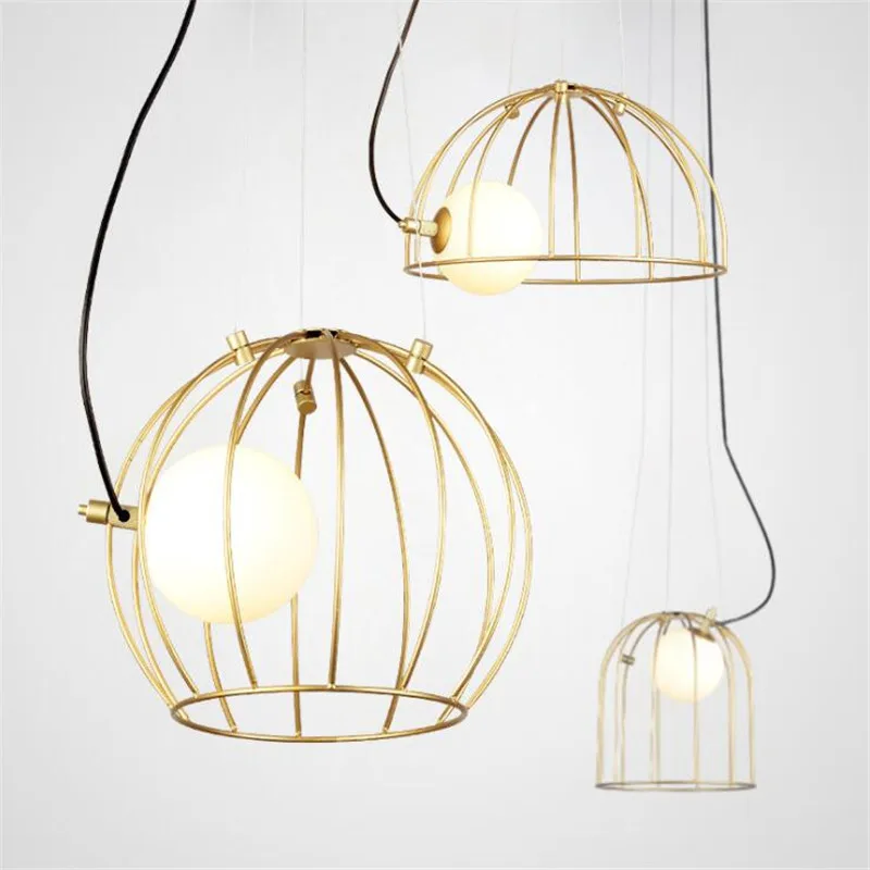 

Post-Modern Vintage Gold Iron Glass Bird Cage Designer Nordic Suspension for Dining Room Bar Foyer Bed Room Pendant Light 2469