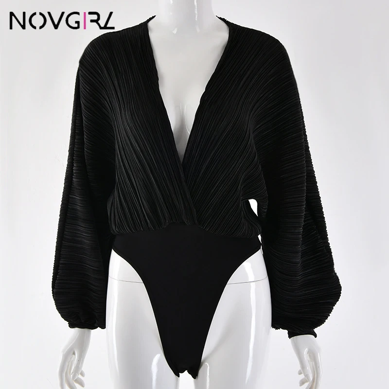 Novgirl Sexy Deep V Neck Long Sleeve Loose Women Jumpsuit 2019 Spring Autumn Patchwork Fashion Bodysuit Clubwear Casual Overalls black corset bodysuit