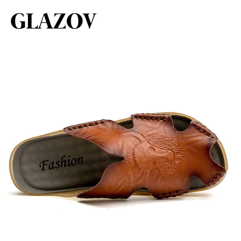 GLAZOV 2019 New Fashion Summer Shoes Men's Slippers Genuine Leather Beach Sandals Men Casual Shoes Flip Flops Big Size 38~46