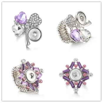 

2 Style Purple Crystal 12mm Snap Button Ring Four Leaf Clover Charms DIY Interchangeable Snap Buttons Ring Jewelry For Woman Man