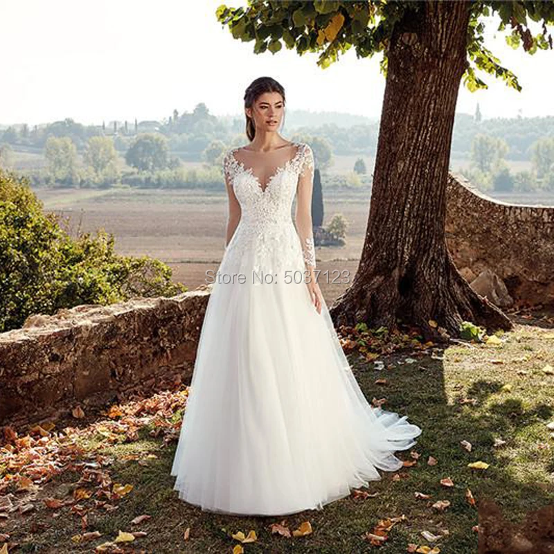 ТРАПЕЦИЕВИДНОЕ свадебное платье с длинными рукавами Vestido De Noiva глубоким шлейфом и