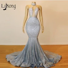 Сексуальные блестящие ткани спинки Русалка Выпускные платья Холтер Кружева Длинное ожерелье из бусин Выпускные платья Саудовская арабские официальные платья