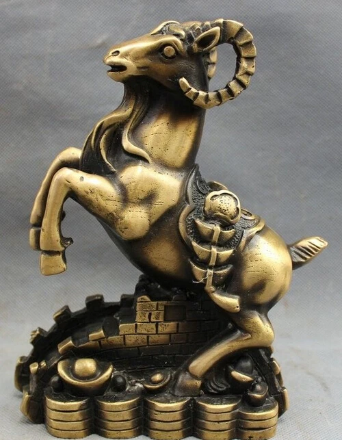 

zhaorui488415+ +8" Folk Chinese Bronze Wealth Up Sheep Goat On Great Wall YuanBao Coin Statue