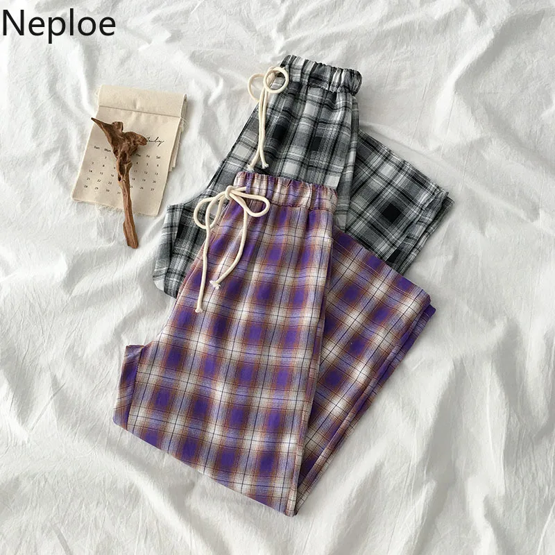 

Neploe Korean Women Streetwear Plaid Wide Leg Pants Harajuku High Waist Joggers Sweatpants Ladies Drawstring Trousers Plus Size