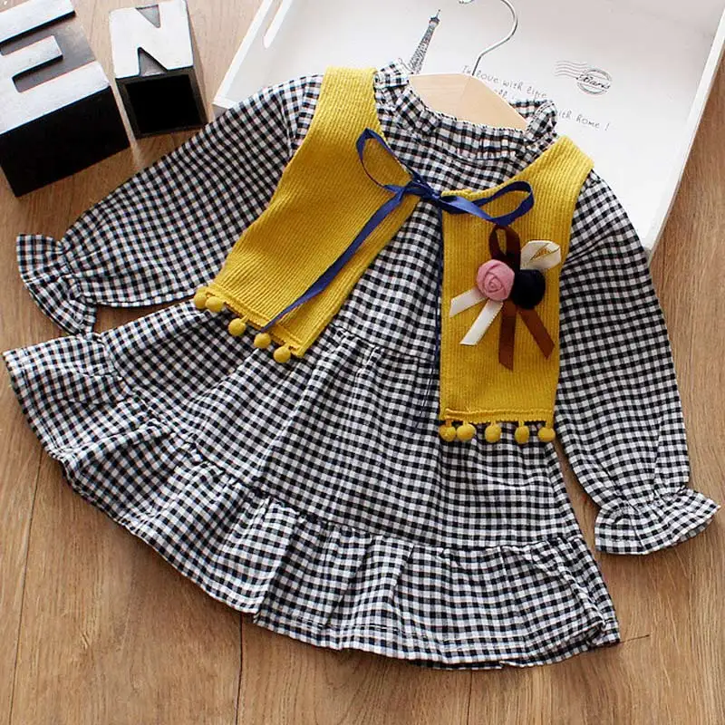 Melario Casual Spring Autumn Baby Clothes Long-sleeved Dress for Girl Plaid Shirts Toddler Girl Drese Fur Vest 2Pcs Suit