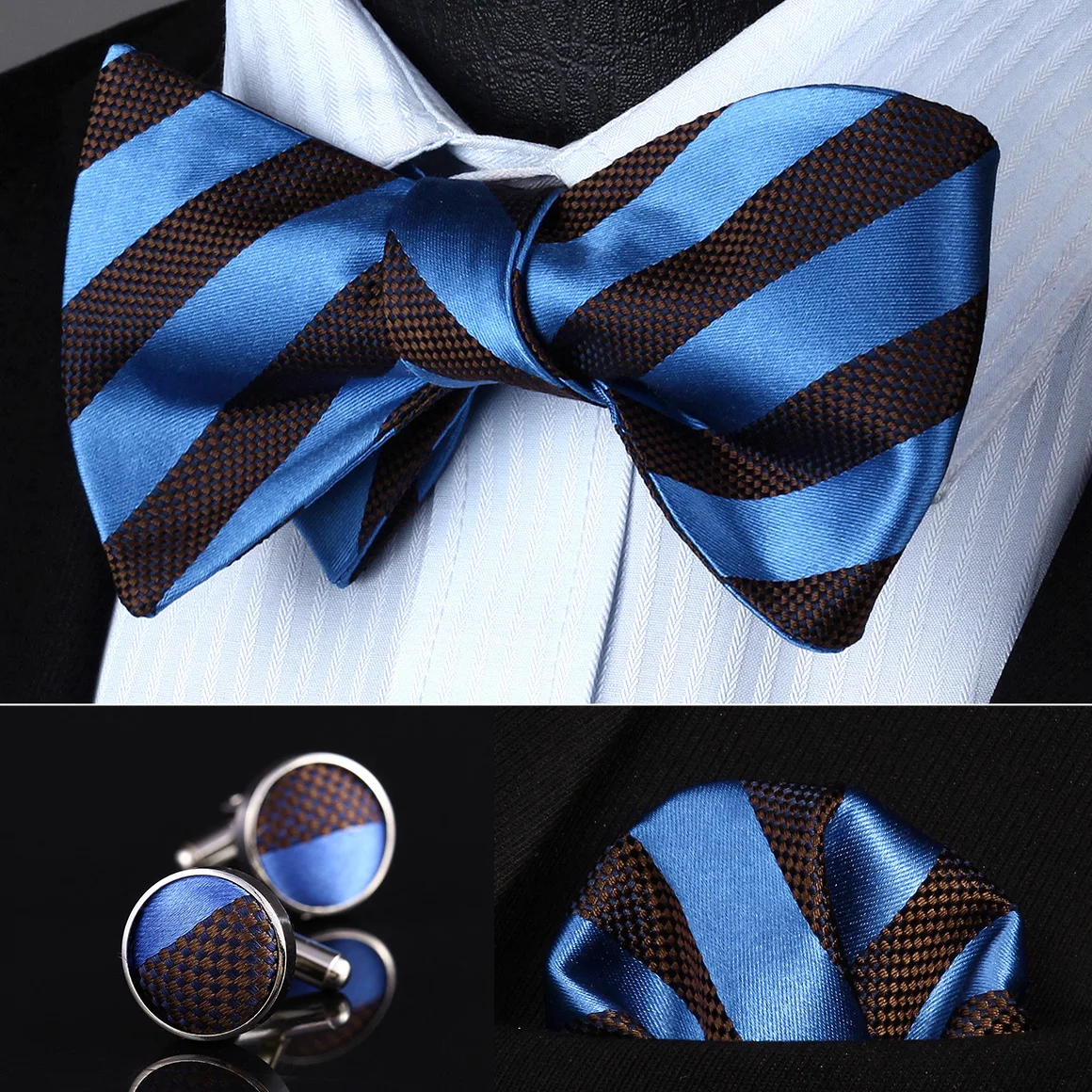  BZS01B Blue Brown Striped Men Silk Self Bow Tie handkerchief Cufflinks set