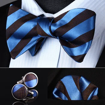 

BZS01B Blue Brown Striped Men Silk Self Bow Tie handkerchief Cufflinks set