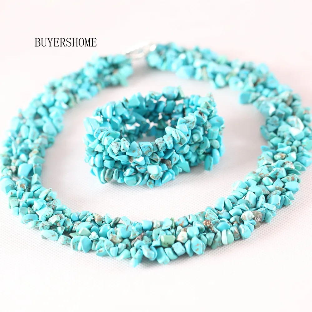 

Free Shipping New without tags Women Jewelry Set Irregular Shape Chip Beads Natural Stone Green Howlite Necklace Bracelet