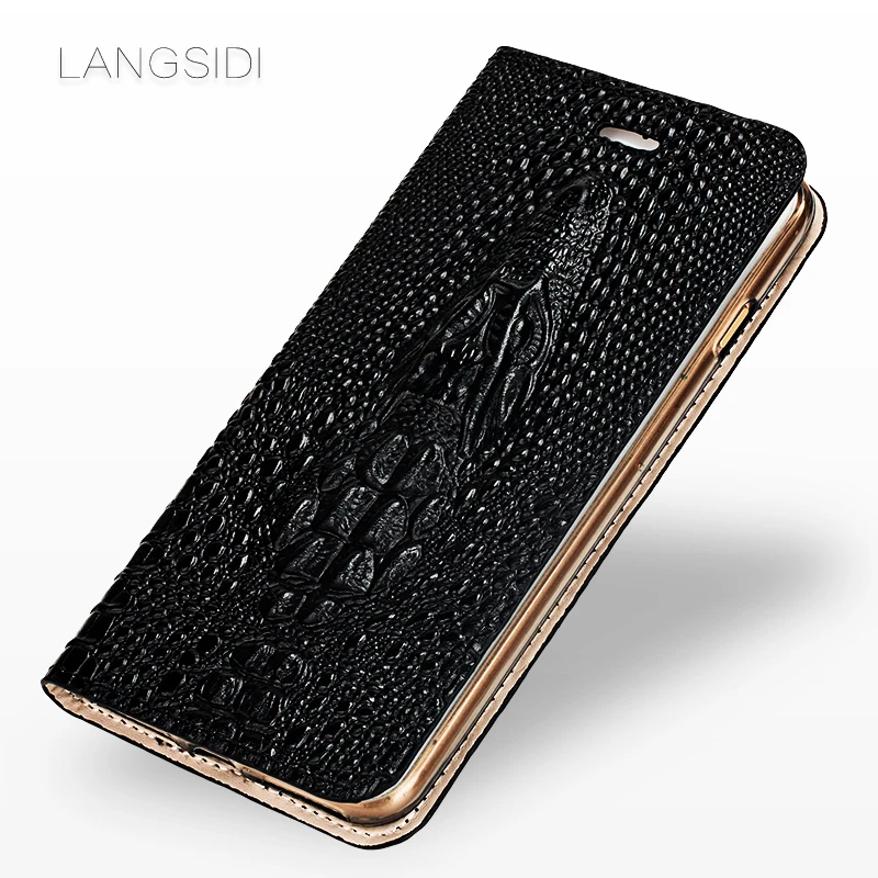 

LANGSIDI Flip Card stand cover for Samsung s10 s8 s9 plus s7 edge A50 A70 A8-2018 J7 Crocodile skull Genuine Leather phone case
