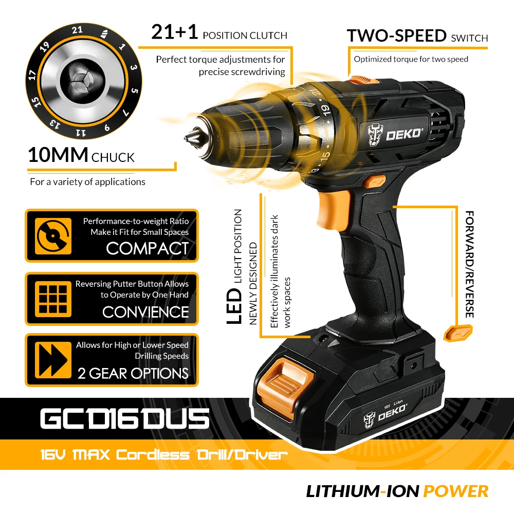 DEKO GCD16DU5 16V 16Volt Max Electric Screwdriver Cordless Drill Mini Wireless Power Driver DC Lithium-Ion Battery 2-Speed