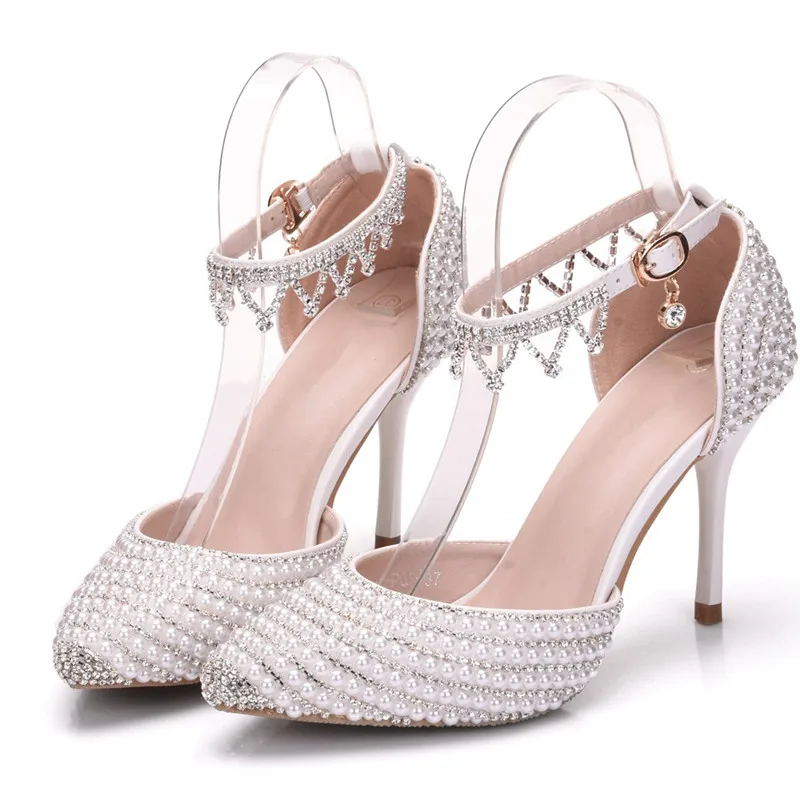 Rhinestone Buckle Straps White Wedding Shoes Pointed Toe Comfortable ...