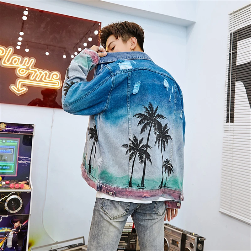 

Autumn 2018 New Casual Coconut Tree Pattern Jeans Jacket Men
