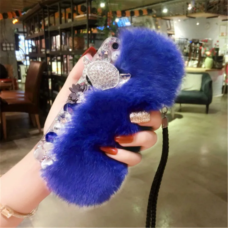 

Rhinestone For Huawei Honor 8 9 7X Nova P9 P10 P20 Mate 9 10 Shell Tide Soft Shell Drop-proof Luxury Rabbit Plush with lanyard