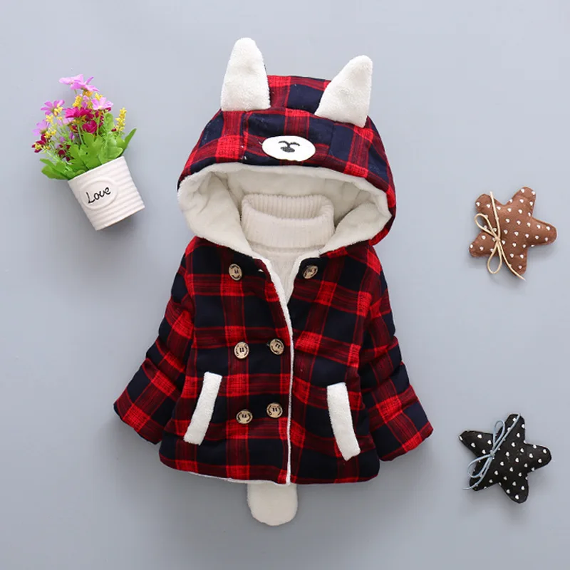 

Autumn Winter Girls Warm Coats Newborn Baby Fashion Plaid Cotton Hooded Jacket For Toddler Thick Plus Velvet Hooded Outerwear