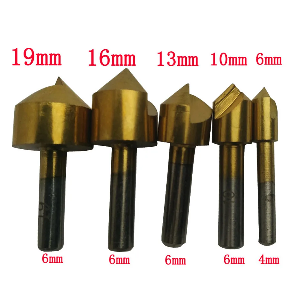 

5pcs Metric 6mm/10mm/13mm/16mm/19mm Titanium Drill Press Countersink Boring Bit Single Flute Blade 90 Degree Chamfering Cutter