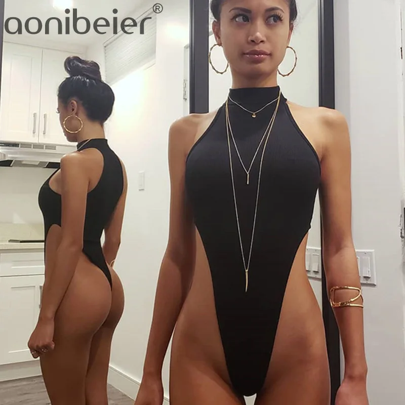 

Aonibeier Ribbed Halter Sexy Bodycon Bodysuit Women 2019 Summer Skinny Romper Black High Neck Sleeveless Female Short Jumpsuit
