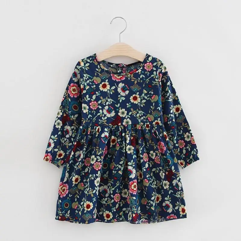 

Children Girl Cute Flowers Print Long Sleeve Pleated Dress Princess Clothes