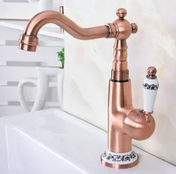 Antique Red Copper Brass Ceramic Base Kitchen Wet Bar Bathroom Vessel Sink Faucet Single Hole Swivel Spout Mixer Tap anf623
