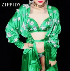 Пикантные стразы звезда шаблон зеленая бикини костюм комплект бюстгальтер короткая куртка наряд Для женщин Танец Пром вечерние шоу на