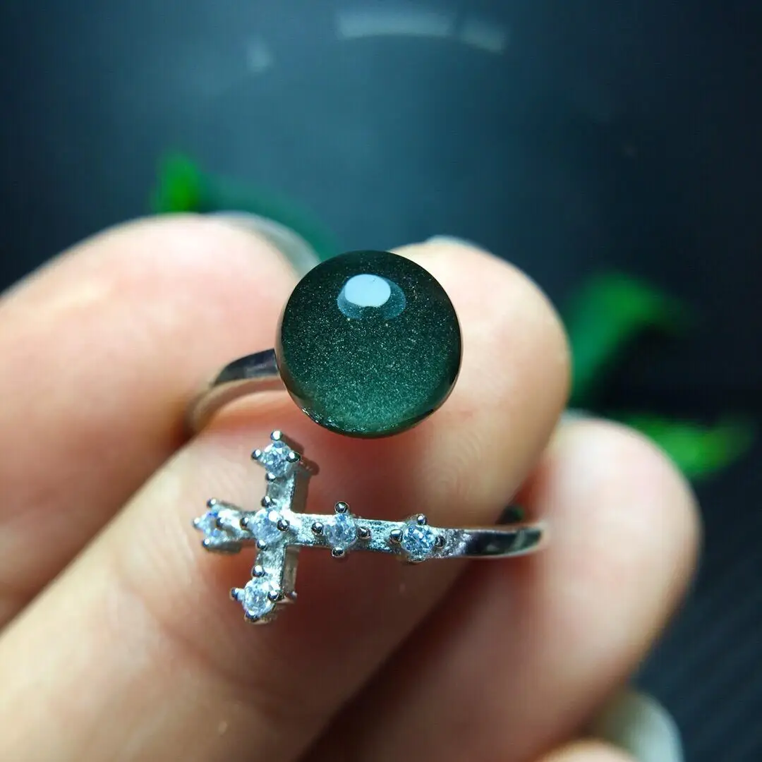 

8mm 100% Natural Quartz Crystal Adjustable Ring 925 Silver Green Phantom Stone Ring for Woman Man Gift AAAAA Stone Ring