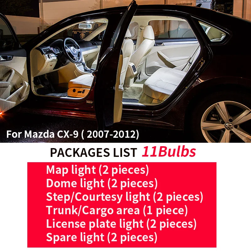 11 шт. Автомобильный светодиодный светильник лампы комплект Canbus для 2007 2008 2009 2010 2011 2012 Mazda CX-9 CX9 12V светодиодный Карта Купол Магистральные фонарь освещения номерного знака