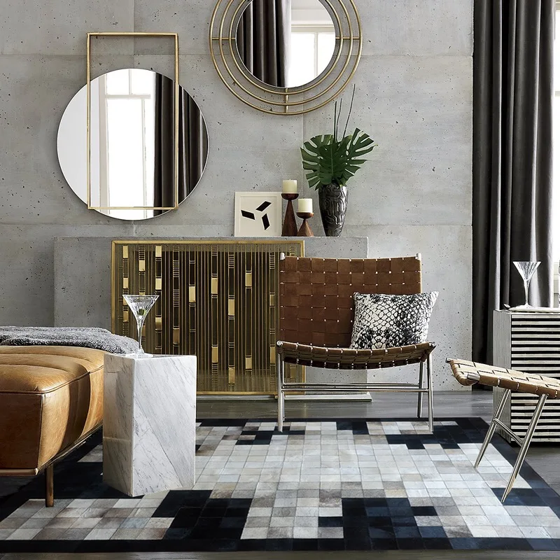 

European-style black and white gray natural cowhide rug soft leather cowhide geometric pattern-stitch handmade leather carpet