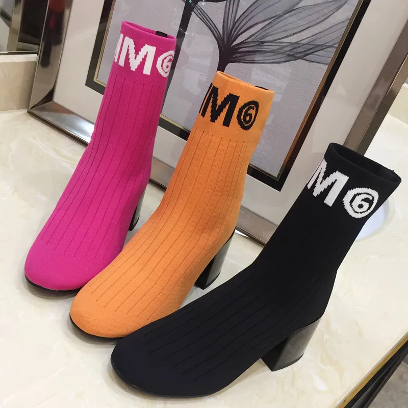 

Prova Perfetto Spring Autumn Women Stretch Boots Fashion High Heel Sock Boots Slip On Round Toe Woman Ankle Boots Knitting Shoes