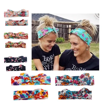 

New Mother Girls Elastic Headband Printed Rabbit Ear Flowers Printed Stretch Hairbands Hair Accessories 2 Pcs Headband